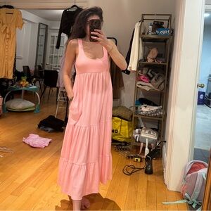Free People Beach Pink Gauze Tiered Maxi Dress w Pockets • Stretchy Oversized
